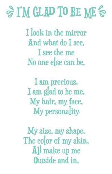 I am so glad to be me and no one else!:) I know this for sure...I can humbly say. Classroom Songs, Positive Affirmations For Kids, Poetry For Kids, Fina Ord, Kids Poems, Affirmations For Kids, Preschool Songs, A Poem, Kids Songs