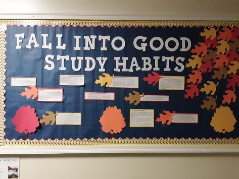 Thought it might be cute to incorporate fall into my board this month! As far as the writing goes I just googled "good study habits" and you can go from there. Fall Into Good Habits Bulletin Board, Fall Wellness Bulletin Board, Intellectual Wellness Bulletin Board, Study Habits Bulletin Board, November Bulletin Board Ideas College, Fall Bulletin Boards High School, Fall Into Healthy Habits Bulletin Board, Educational Bulletin Board Ideas, Harvest Bulletin Board Ideas