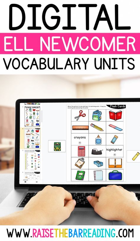 DIGITAL ELL NEWCOMERS VOCABULARY FOR TEACHING ESL - Raise the Bar Reading Esol Resources, Esl Vocabulary Activities, Teaching Ell Students, Raise The Bar Reading, Vocabulary Lesson Plans, Ell Activities, Ell Newcomers, Teaching English Language Learners, Teaching Esl