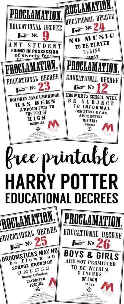 Harry Potter Educational Decrees free printable proclamations. Perfect birthday party or Halloween decorations. From book 5 the Order of the Phoenix. Harry Potter Day, Harry Potter Christmas Decorations, Classe Harry Potter, Harry Potter Halloween Party, Cumpleaños Harry Potter, Harry Potter Bday, Harry Potter Classroom, Harry Potter Printables, Harry Potter Bedroom