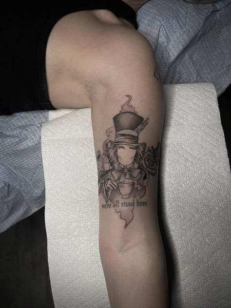 Alice And Mad Hatter Tattoo, Alice In Wonderland Mad Hatter Tattoo, Johnny Depp Mad Hatter Tattoo, We’re All Mad Here Tattoos, Were All Mad Here Tattoo, Mad Hatter Tattoo Ideas, We're All Mad Here Tattoo, Back Tat Ideas, Tattoo Alice In Wonderland