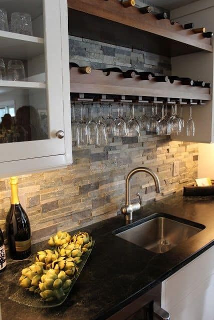 Brick Backsplash Kitchen, Farmhouse Kitchen Backsplash, Built In Wine Rack, Black Kitchen Island, Kitchen Backsplash Designs, Rustic Kitchen Design, Rv Interior, Rustic Kitchen Decor, Stunning Kitchens