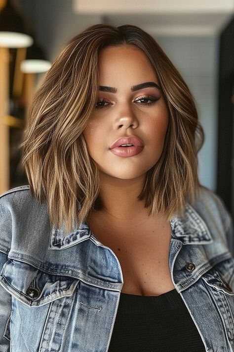 25 Stunning Long Haircuts Perfect for Plus Sized Women Plus Size Women’s Haircuts, Curvy Bob Haircut, Plus Size Chin Length Hair, Subtle Bob Haircut, Short Hair Styles Plus Size, Fall Hair For Plus Size Women, Long Bob Haircut Round Face, Over The Shoulder Haircut With Layers, Fine Hair Cuts Medium Length