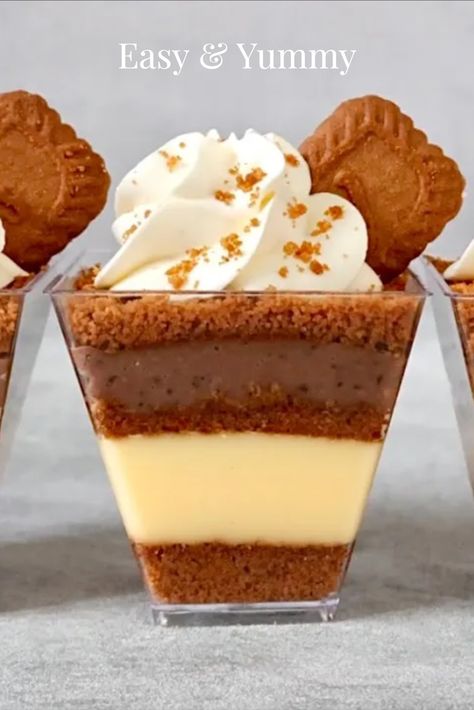 Lotus Biscoff pudding dessert cups Desserts For Cocktail Party, Individual Cup Desserts, Easy Parfait Desserts Cups, Biscoff Dessert Cups, Desserts In A Cup For Party, Pudding Cups Ideas Desserts, Mini Desserts Cups, Mini Desserts For Parties In Cups, Parfait Desserts Easy