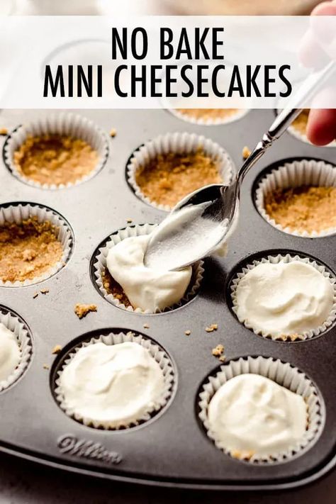 These no bake mini cheesecake bites with crunchy graham cracker crusts are perfect for when you don't want to turn on the oven or just want to whip up quick bites of cheesecake for individual servings. Top with your favorite sauces, curds, jams, fruits, or whipped cream. | no bake mini cheesecake bites recipe | no bake mini strawberry cheesecake bites | mini desserts easy no bake cheesecake bites | mini cheesecake bites recipes | mini cheesecake bites easy | mini cheesecake bites no bake No Bake Mini Cheesecake, Easy Mini Cheesecake Recipe, No Bake Cheesecake Bites, Mini No Bake Cheesecake, Small Cheesecakes, Mini Strawberry Cheesecake, Mini Cheesecakes Easy, Mini Cheesecake Bites, Individual Cheesecakes