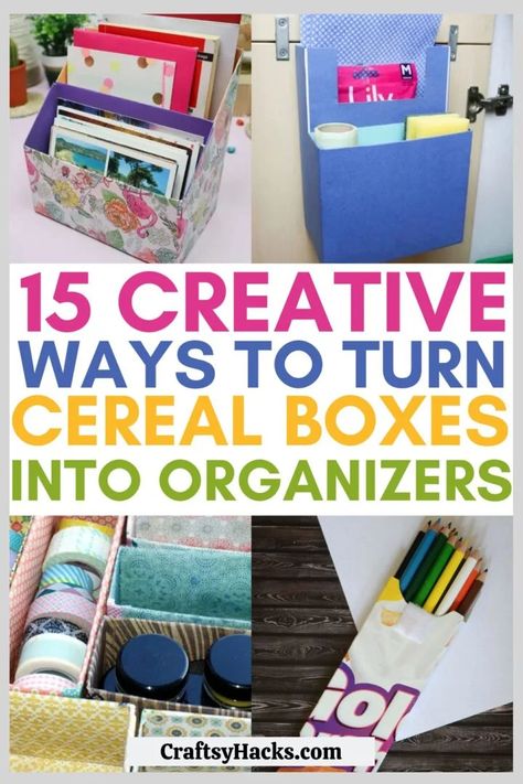 15 Ways to Turn Cereal Boxes into Organizers - Craftsy Hacks Cheap Art Projects, Cereal Box Organizer, Diy Desk Organizer, Cereal Box Craft, Cheap Organization, Diy Organizer, Desk Organization Diy, Makeup Organization Diy, Cereal Boxes