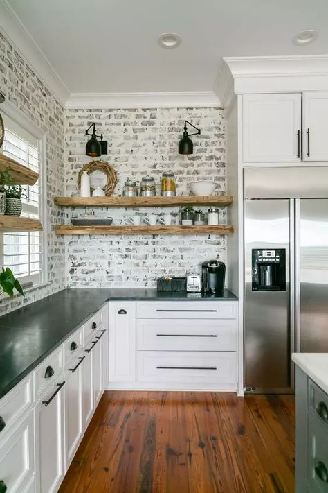 Home Kitchen Remodel, Brick Kitchen Backsplash, Brick Backsplash Kitchen, Farmhouse Kitchen Backsplash, Brick Kitchen, Brick Backsplash, Kitchen Backsplash Designs, Kitchen Remodel Inspiration, Downtown Charleston