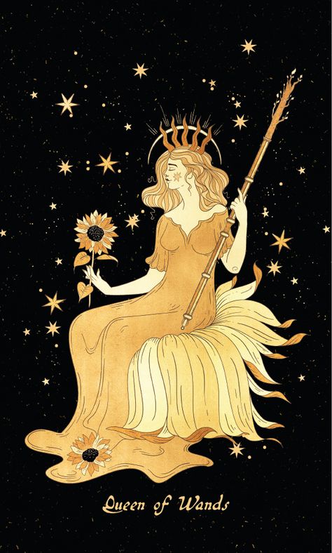 Queen of Wands - Cocorrina Queen Of Wands Illustration, Queen Of Wands Aesthetic, Queen Of Wands Tattoo, Wands Aesthetic, Tarot Wallpapers, Cosmic Decor, Queen Of Wands Tarot, The Queen Of Wands, Queen Of Wands