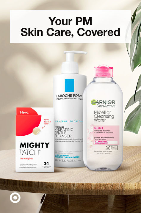 Go to bed with skin that feels amazing. Use the Garnier Micellar Cleansing Water to wipe away dirt & makeup without drying skin. No rinse needed. The La Roche-Posay Toleriane Hydrating Gentle Cleanser is a dermatologist-recommended cream cleanser formulated for sensitive skin to maintain the skin’s natural moisture barrier. Get Hero’s Mighty Patch to absorb pimple gunk in 6-8 hours. Explore skin care bestsellers. Garnier Micellar Cleansing Water, Mighty Patch, Dirt Makeup, Garnier Micellar, Bad Acne, Skin Lightener, Aesthetic Skincare, Garnier Skin Active, Cleansing Water