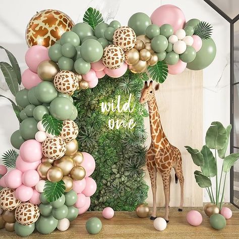 Baby Bday Party Games, Wild One Birthday Party Girls Diy, Wild 1 Birthday, Safari Balloon Garland, Safari Balloon, Jungle Balloons, Baby First Birthday Themes, Safari Decorations, Green Jungle