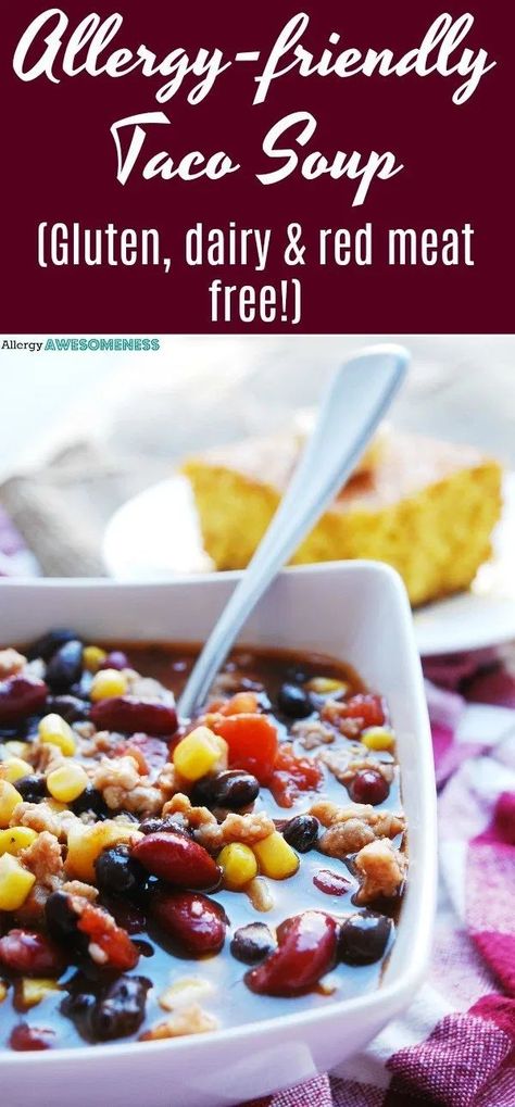 A hamburger free, taco soup that has a gluten-free, homemade taco seasoning that gives a sweet and spicy punch. I know there are many taco soup recipes out there, but this one is by far my favorite. This allergy-friendly taco soup is free of: wheat, dairy, egg, soy, peanut Dairy Free Tacos, Gluten Free Taco Seasoning, Alpha Gal, Gluten Free Tacos, Snacks Under 100 Calories, Dairy Free Soup, Taco Soup Recipe, Healthy Sweet Snacks, Meat Free Recipes