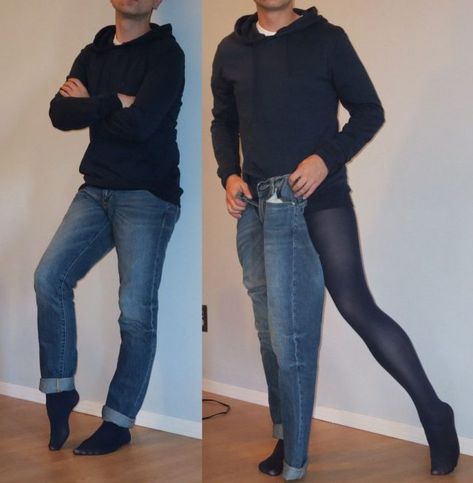 Winter men wear pantyhose under jeans to keep warm 1 Tights Under Jeans, Navy Tights, Men Wearing Skirts, Tights Fashion, Pantyhose Fashion, Nylon Leggings, Buy Jeans, Mens Tights, Men Wear