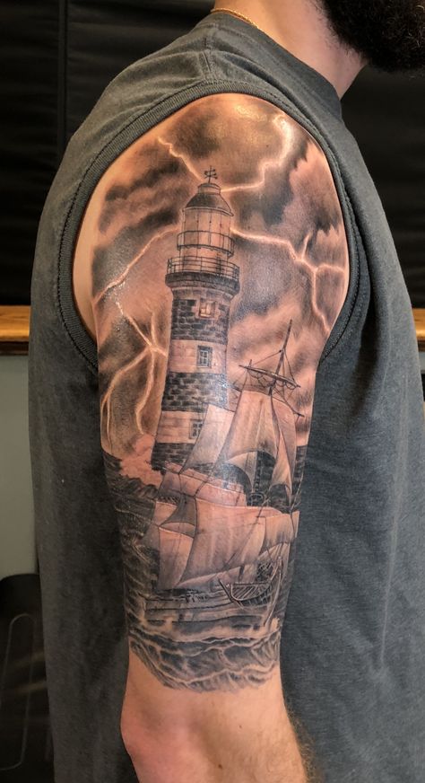 Boat Arm Tattoo, Ship Half Sleeve Tattoo, Sea Ship Tattoo, Lighthouse And Waves Tattoo, Lighthouse Tattoos Men, Nortical Tattoo Sleeve, Mens Ship Tattoo, Upper Half Sleeve Tattoos For Men, Lighthouse Forearm Tattoo