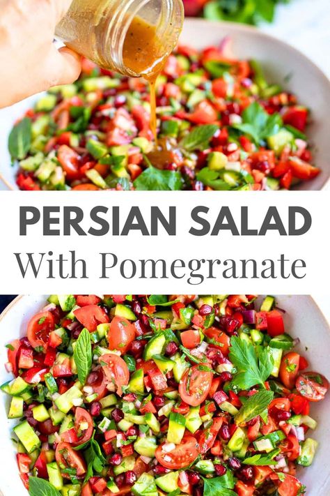 Looking for a refreshing and vibrant salad? This Persian salad, inspired by Salad Shirazi, is packed with fresh herbs, cucumbers, tomatoes, sweet peppers, and juicy pomegranate seeds. Tossed with fresh herbs and in a tangy pomegranate dressing, it's a must-try! 🥗💫 Pin now, enjoy later! via @irena_macri Pomegrante Salad, Salad Shirazi, Mediterranean Salad Dressing, Persian Salad, Pomegranate Recipes Salad, Vibrant Salad, Pomegranate Dressing, Salad With Pomegranate, Beef Kebabs