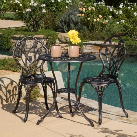 Nassau Cast Aluminum Outdoor Bistro Furniture Set by Christopher Knight Home, Brown, Patio Furniture Low Outdoor Table, Bistro Set Outdoor, Bistro Patio Set, Bistro Table Set, Bistro Furniture, Outdoor Bistro, Outdoor Patio Set, Outdoor Bistro Set, Outdoor Patio Decor