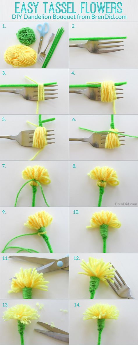 Easy Tassel Flowers: DIY Dandelion Bouquet | http://brendid.com/easy-tassel-flowers-diy-dandelion-bouquet/ Diy Dandelion, Kunst For Barn, Diy – Velikonoce, Kerajinan Diy, Diy Flores, How To Make Tassels, Fleurs Diy, Diy Bricolage, Diy Simple