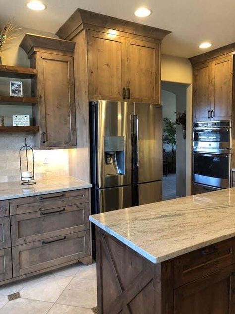 Rustic Kitchen Cabinets, Farmhouse Kitchen Design, Wood Kitchen Cabinets, Kitchen Cabinet Colors, Kitchen Plans, Kitchen Redo, Counter Tops, Kitchen Remodel Idea, Ideas Kitchen