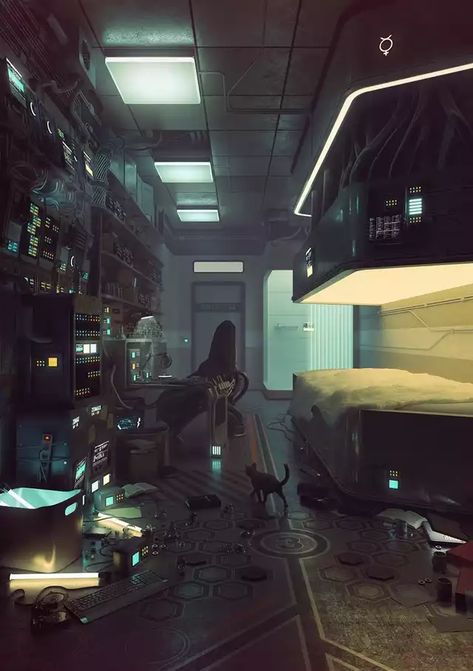 Cyberpunk Bedroom, Cyberpunk Apartment, Cyberpunk Interior, Cyberpunk Room, Scifi Illustration, Estilo Cyberpunk, The Legend Of Sleepy Hollow, Spaceship Interior, Sci Fi Environment