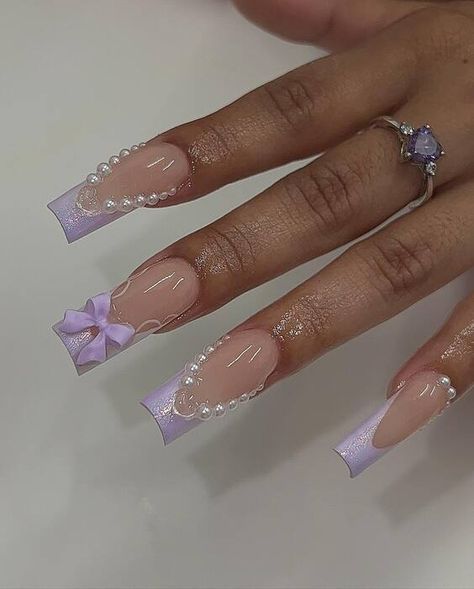 Nails Acrylic Flower, Purple Summer Nails, Fall Nails Acrylic, Bow Nail Designs, Quinceanera Nails, Nails Summer Nails, Lilac Nails, Purple Acrylic Nails, Purple Nail Designs