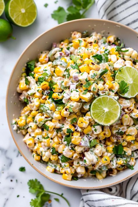 Mexican street corn salad has the perfect balance of smoky, spicy, tangy and creamy flavors. It's light, colorful, and ideal for summer grilling. Fogo De Chao Corn Salad, Corn Cotija Salad, Mexican Corn Bowl, Mexican Food Side Dishes Appetizers, Corn Salad For Bbq, Summer Mexican Side Dishes, Mediterranean Corn Salad, Italian Corn Salad, Grilled Lemon Lime Corn Salad