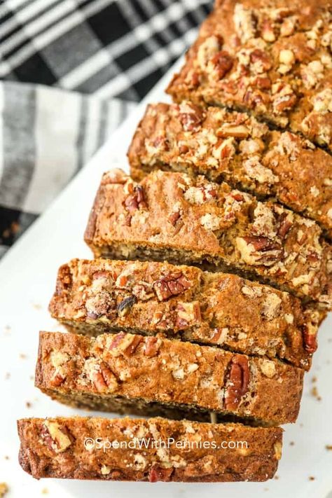 Banana nut bread is the best way to use overripe bananas. Whether making this recipe into bread or muffins they turn our perfectly moist every time. Made with pecans or with walnuts, this recipe is one of my families favorite homemade treats! #spendwithpennies #banananutbread #bananabreadrecipe #ripebananarecipe #dessert Easy Banana Nut Bread, Triple Chocolate Banana Bread, Roti Pisang, Banana Breakfast Cookie, Ripe Banana Recipe, Banana Nut Bread Recipe, Nut Bread Recipe, Zucchini Banana Bread, Recipes List