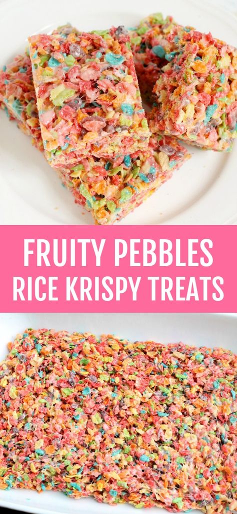 Fruity Pebbles Rice Krispies are an easy, no bake treat for kids! Only 3 ingredients! Fruity Pepples, Fruity Pebbles Treats, Rice Crispy Treats Recipe, Fruity Pebble, Fruity Pebbles Cereal, Krispie Treats Recipe, Marshmallow Treats, School Snack, Rice Crispy Treats