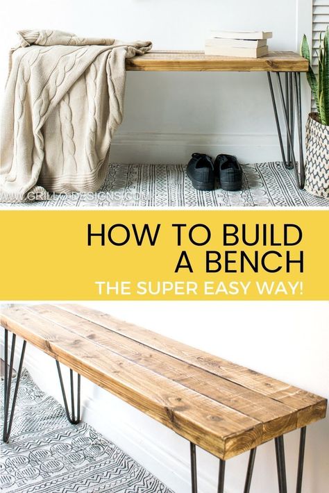 Learn how to build a bench for your home. Using 2 x 4 wood and hairpin legs. Easy bench plans included / Grillo Designs www.grillo-designs.com Build A Bench, Diy Bank, Zimmer Diy, Koti Diy, Sliding Drawers, Diy Crate, Woodworking Bench Plans, Carpentry Projects, Small Woodworking Projects