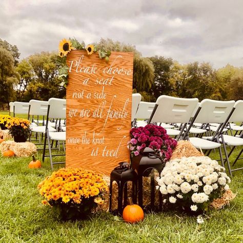 Wedding With Pumpkins Decorating Ideas, Pumpkin And Mum Wedding Decor, Fall Mums Wedding Aisle, Decorating With Mums For Wedding, Mums Wedding Alter, Mums And Sunflower Wedding, Pumpkin Lined Wedding Aisle, Fall Mum Wedding Centerpieces, Mums Flowers Wedding Decor