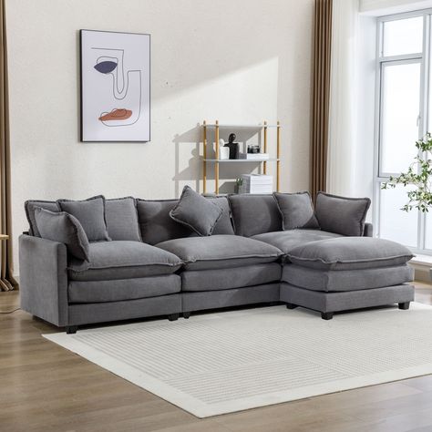 If you are looking to add set of sofa to your home, then this sofa is an ideal choice. You can personalize your seating arrangement of this L-shaped couch with different configurations. Not only does it provide comfort seating experience, but also is a perfect decorative addition. It is suitable for enjoying alone leisure time and warm family conversations. It is the perfect addition to your home. Nestfair 113-in Modern Gray Chenille Sofa | SC0060E Unique Sofa, Grey Couch Living Room, Couch With Ottoman, Modern Sofa Designs, Unique Sofas, Couch Set, Inspire Me Home Decor, Sectional Sofa Couch, Modular Sectional Sofa