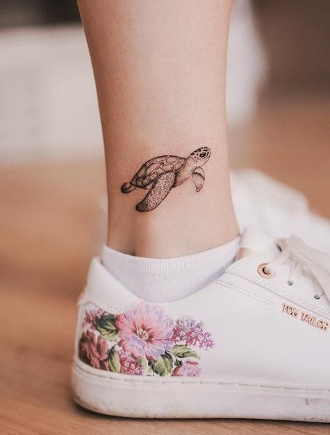 Animal Ankle Tattoos For Women, Sea Turtle Tattoo On Foot, Ocean Ankle Tattoos For Women, Turtle Tattoo Ankle, Baby Sea Turtle Tattoo, Dainty Ankle Tattoos For Women, Turtle Ankle Tattoo, Turtle Foot Tattoo, Turtle Flower Tattoo