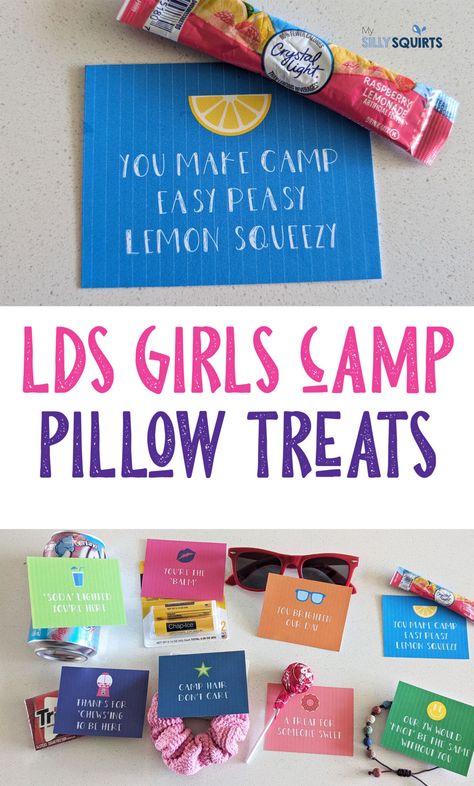 Print these 9 adorable LDS girls camp pillow treat gift tags - My Silly Squirts Summer Young Women Activities, Lds Yw Camp Pillow Treats, Camp Pillow Treats Young Women, Girls Camp Pillow Treats Lds, Girls Camp Themes 2024, Yw Camp Pillow Treats, Craft Camp Ideas, Tuck In Treats Girls Camp, Girls Camp Secret Sister Gift Ideas