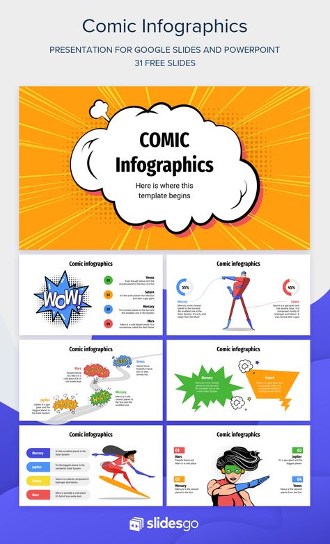 Use these comic-inspired infographics to convey your data in a fun way. Download the template for Google Slides and PowerPoint. Infographic Diagram, Cute Powerpoint Templates, Infographic Examples, Graphic Design Inspiration Poster, Infographics Template, Ppt Slides, Power Points, Powerpoint Presentation Design, Power Point Template