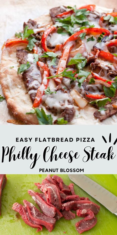 This restaurant style flatbread pizza has a deliciously American twist: Philly cheese steak pizza recipe Use leftover flank steak in a pinch and let your kids build their own pizza for an awesome and easy family dinner. Steak Flatbread Pizza, Leftover Flank Steak, Steak Flatbread, Easy Philly Cheese Steak, Cheese Steak Pizza, Philly Cheese Steak Pizza, Easy Flatbread Pizza, Healthy Steak, Steak Pizza