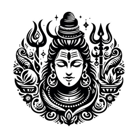 A black and white image of a god with a ... | Premium Vector #Freepik #vector #shiva #mahashivratri #shivaratri #hindu-symbols Hindu Art Symbols, Hanuman Vector, Shiva Vector, Hindu Images, Ramen Logo, Temple Background, Japanese Ornament, Wedding Mehendi, Hindu Symbols