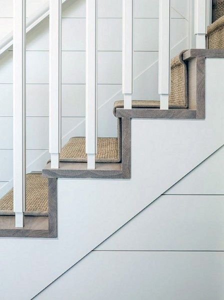 Interior Designs Stair Trim Staircase Molding, Basement Stairwell, Stairs Trim, Sisal Runner, Hardwood Stairs, Ship Lap, Small Cottage Homes, Small Cottages, Stair Case