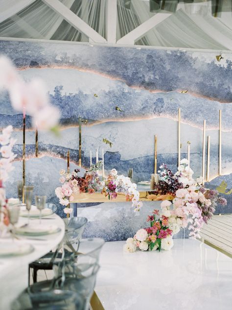 Read More: https://www.stylemepretty.com/vault/image/6920207 Sangjit Decoration, Ocean Wedding Theme, Ocean Wedding, Wedding Backdrop Design, Engagement Decorations, Wedding Stage Decorations, Dusty Blue Weddings, Backdrop Design, Wedding Stage