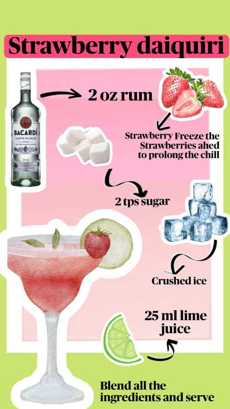 Strawberry daiquiri recipe 🍓🍹#coctail #drinks #fyp #fypshuffle #recipes #strawberry Creative Cocktail Garnishes, Strawberry Daiquiri Recipe, Recipes Strawberry, Daiquiri Recipe, Cocktail Garnish, Strawberry Daiquiri, Creative Cocktail, Fancy Drinks, Daiquiri