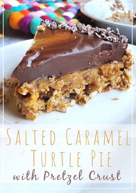 Salted Caramel Turtle Pie - Portlandia Pie Lady Pie With Pretzel Crust, Turtle Pie Recipe, Caramel Chocolate Ganache, Turtle Pie, Pretzel Crust, Pie Pops, Caramel Desserts, Salted Caramel Chocolate, Fruit Pie