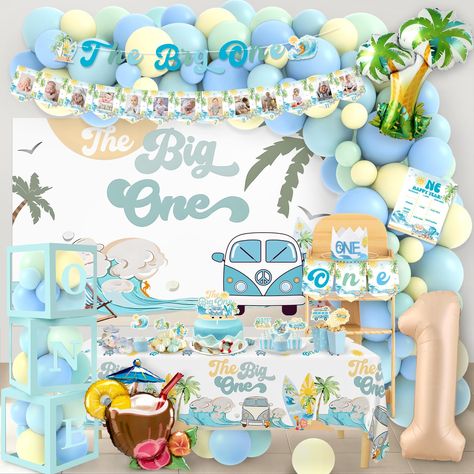 PRICES MAY VARY. 【ALL IN ONE PACK】1pcs The Big One Banner, 1pcs Monthly Banner, 1pcs surfing 1st birthday hightchair banner, 1pcs cake topper, 8pc cupcake toppers,1pc first birthday crown, 1pc milestone poster, 1pc background, 1pc table cloth, 3pc 'ONE' box, 3Pcs summer beach 1st birthday Aluminum Foil Balloons, 100pc balloons Arch Kit. ﻿ 【Unique Design】Retro summer hawaii design, NO DIY REQUIRED. coconut tree, vintage bus, sea wave, sun, surfboards, number 1, beach umbrella and beach chair. hig Hawaii 1st Birthday Party, Surfs Up First Birthday Party, Baby Luau Party First Birthdays, Boys One Year Birthday Theme, First Birthday Boy Summer, Wave First Birthday, Summer First Birthday Theme, Unique First Birthday Ideas, Surf 1st Birthday