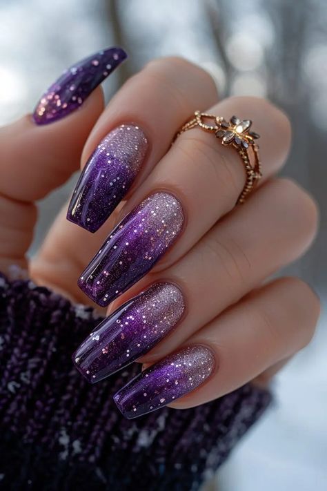 Sparkly Formal Nails, Sparkly Purple Nail Designs, Purple Formal Nails, Purple Velvet Nails, Birthday Nail Designs, Purple Glitter Nails, Purple Nail Art, Velvet Nails, 2024 Nails