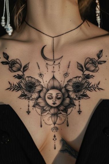 Women Collarbone Tattoo, Geometric Throat Tattoo, Neo Traditional Chest Tattoo, Chest Tattoo Designs Female, Chest Tattoo Female Upper, Traditional Chest Tattoo, Collar Bone Tattoos, 40 Tattoo, Collarbone Tattoo