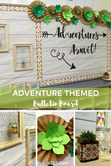 We can't get enough of this succulent inspired bulletin board. This board goes with an entire adventure themed classroom reveal! Click to see more. Classroom Decoration Ideas, Camping Classroom, Camping Theme Classroom, Diy Classroom Decorations, Preschool Bulletin, Classroom Makeover, Preschool Bulletin Boards, Contemporary Accessories, Diy Classroom