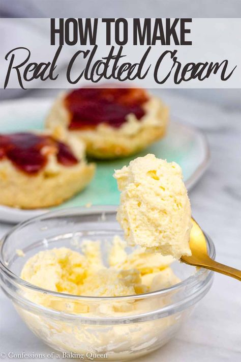 Deliciously thick and creamy English Clotted Cream is surprisingly easy to make. Heavy Whipped Cream that is not ultra-pasteurized and patience are all you need. This recipe for clotted cream takes a minimum of 24 hours to make so make sure you plan ahead. Served with a scones this is the best afternoon treat! Clotted Cream Recipe, Clotted Cream Recipes, Afternoon Tea Scones, British Scones, Rhubarb Muffins, Afternoon Tea Recipes, Tea Time Food, Brunch Recipe, Chocolate Chip Pancakes