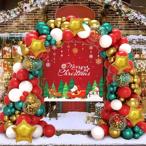 PRICES MAY VARY. 🎁【Valuable Hanging Christmas Party Decoration】🎁：Our Christmas Party Decoration Kit includes 107 Pcs christmas holiday party Supplies,meet your christmas party requirements. The clearance Outdoor Indoor xmas decorations includes 1* merry christmas indoor banner (120*120cm/47.24*47.24 inch),1PCS lanyard,10''X40/15/20/20*（Red/Green/White/Gold Balloons）1*10''+1*18'' christmas gold star balloon, 5*12''gold christmas confetti balloons, 1*balloon strips adhesive tape and 100 pcs of b Christmas Confetti, Indoor Banner, 1 Balloon, Merry Christmas Banner, Garland Arch, Green Balloon, Christmas Banner, Christmas Balloons, Party Inspo