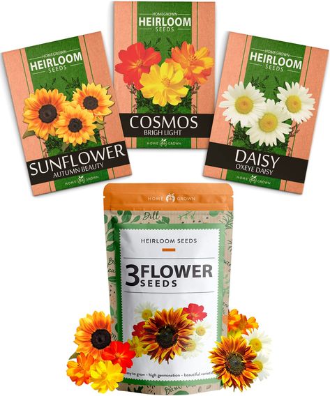 PRICES MAY VARY. 3 Popular Flower Seeds Collection - This is the perfect way to start your own flower garden. We have carefully chosen the most popular annuals and perennials flowers that you can grow in your garden all year round. Non-GMO, USA Seeds - We know how important it is to provide you what has been harvested in the US. These flower seeds are open-pollinated, untreated, freshly harvested in the US and have a high germination rate. Wake Up to a Colorful Garden Each Day - These carefully Autumn Beauty Sunflower, How To Grow Dill, Perennials Flowers, Oxeye Daisy, Flower Seeds Packets, Seed Packaging, Seed Pack, Popular Flowers, Gardening Gift