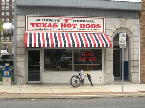 downtown Altoona, PA   WHAT? Texas Hot Dog Sauce Recipe, Hot Dog Place, Hot Dog Sauce Recipe, Altoona Pennsylvania, Hot Dog Restaurants, Hot Dog Sauce, Small Restaurant Design, Hot Dog Toppings, Hot Dog Chili