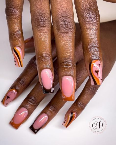 Work Nails Professional Fall, Nail Designs Fall Gel Square, Fall Short Nail Designs Autumn Classy, Red And Orange Fall Nails, Brown And Orange Nails Design, Orange And Brown Nail Designs, Cozy Fall Nails, Brown And Orange Nails Fall, Short Gel Nail Designs Fall