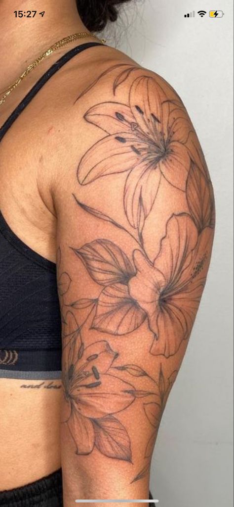 Quarter Sleeve Flower Tattoos For Women, Hawaiian Flower Tattoos On Shoulder, Lilly Arm Tattoos For Women, Plant Tattoos Black Women, Sleeve Shoulder Tattoos For Women, Flower Tattoos On Black Women, Lillies Flower Tattoo, Lilly Tattoo Arm, Lillie’s Tattoo