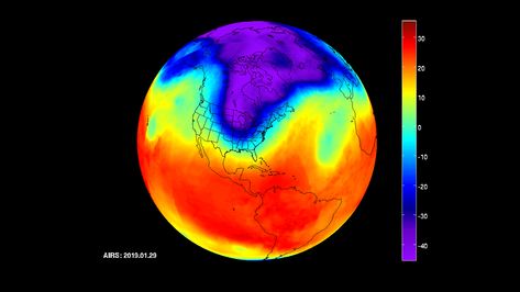 NASA's Atmospheric Infrared Sounder (AIRS) instrument captured the polar vortex as it moved southward from central Canada into the U.S. Midwest from January 20 to January 29. Digital Earth, Arctic Air, Nasa Earth, Nasa Hubble, Polar Vortex, Heat Map, Green Initiatives, Nasa Jpl, Satellite Image