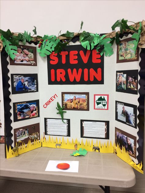 My son's 7th grade Steve Irwin wax museum trifold project board. Posterboard Projects For School, Trifold Poster Board Ideas, Wax Museum School Project, Wax Museum Project, Poster Board Ideas, Wake Ideas, Book Presentation, Homeschool Projects, Steve Irwin